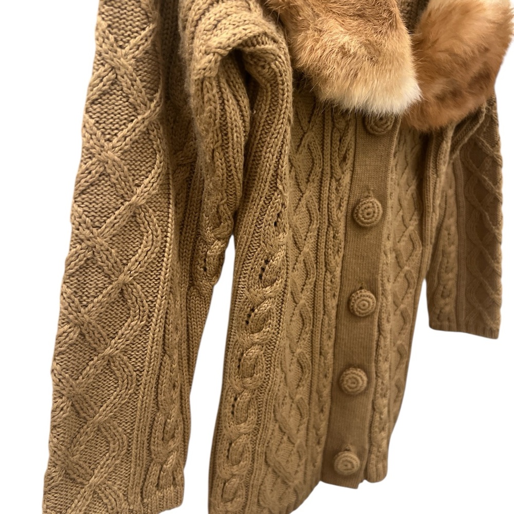 PowWow Wool Blend Cable Knit Cardigan w/Rabbit Fur Collar | M - Picture 4 of 16